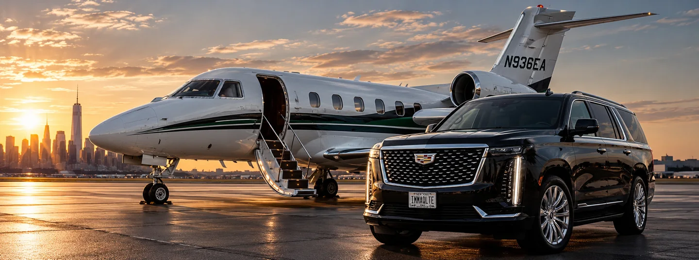 Illustration of a black luxury SUV beside a private jet at sunset with the New York skyline in the distance