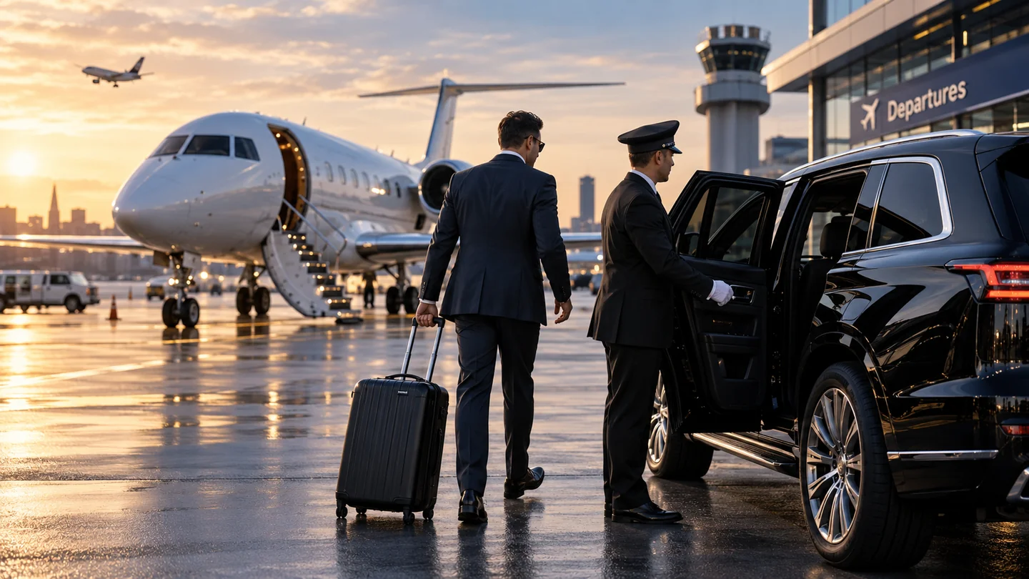 Chauffeur welcoming a traveler to a luxury SUV beside a private aircraft at sunset