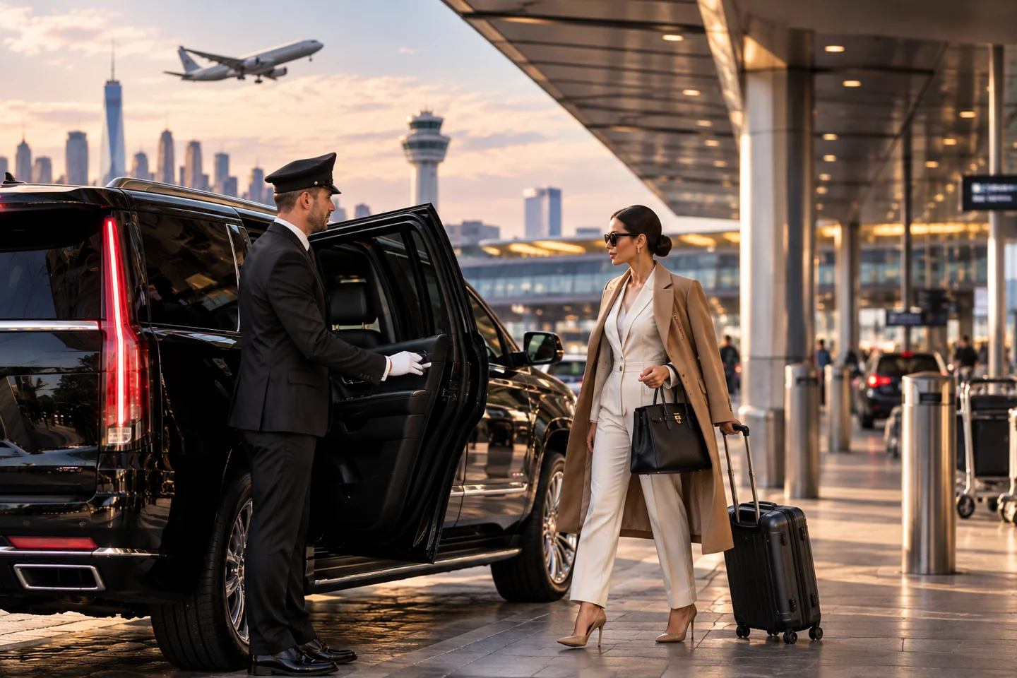 Chauffeur welcoming a traveler with luggage beside a black SUV at an airport