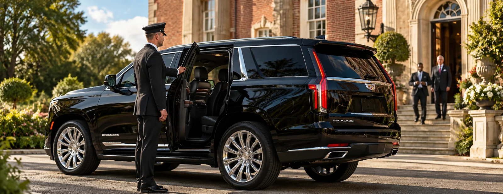 Chauffeur opening the door of a black Cadillac Escalade outside a building