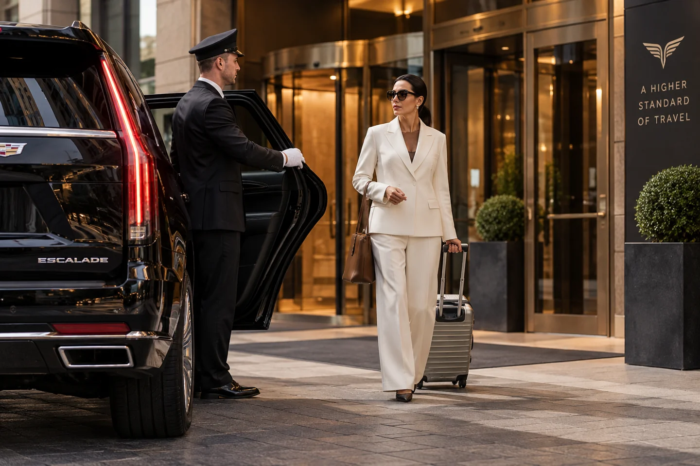 Chauffeur welcoming a traveler beside a black Escalade at a hotel