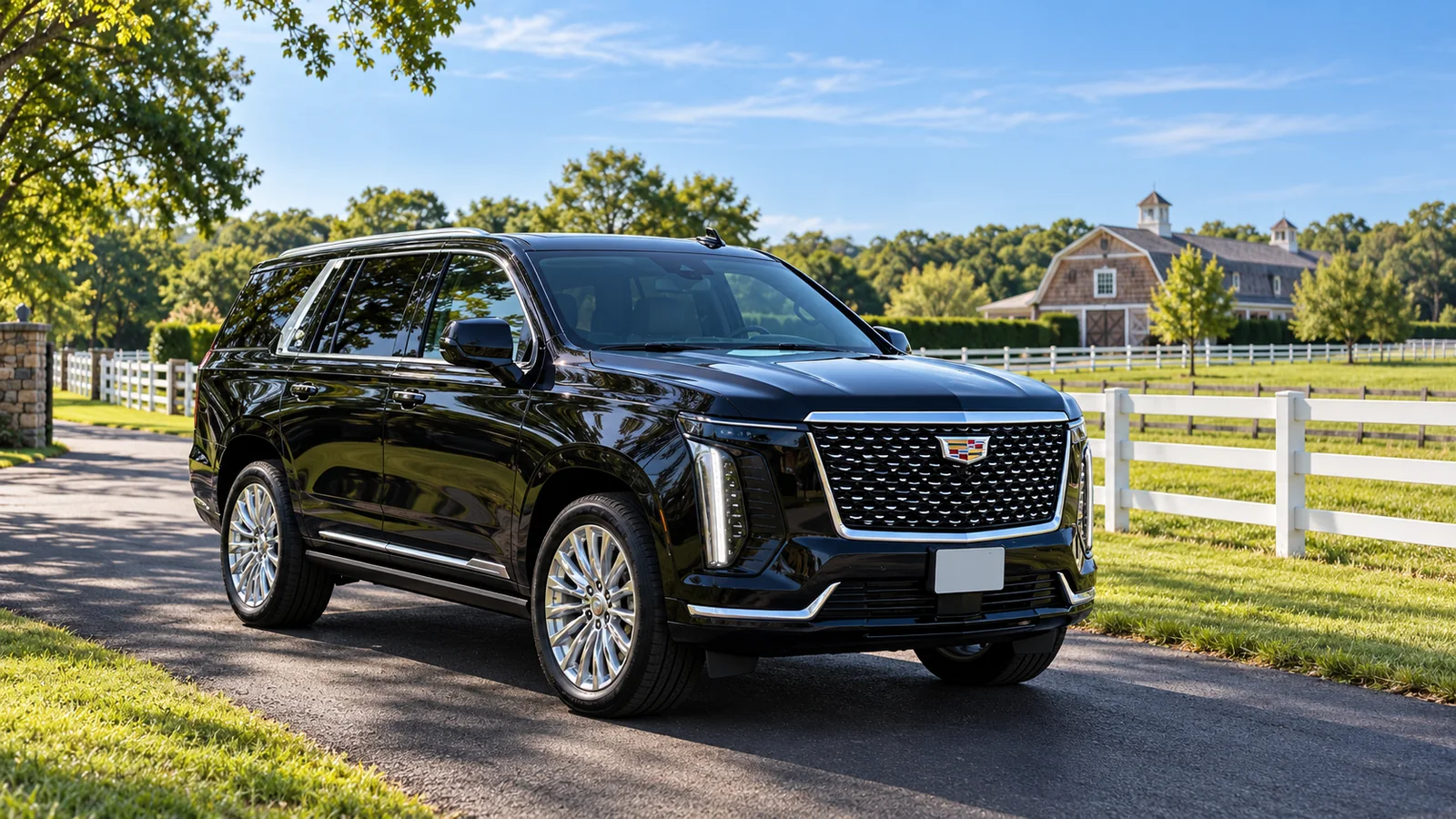 Black Cadillac Escalade on an estate driveway beside white fencing and green paddocks.