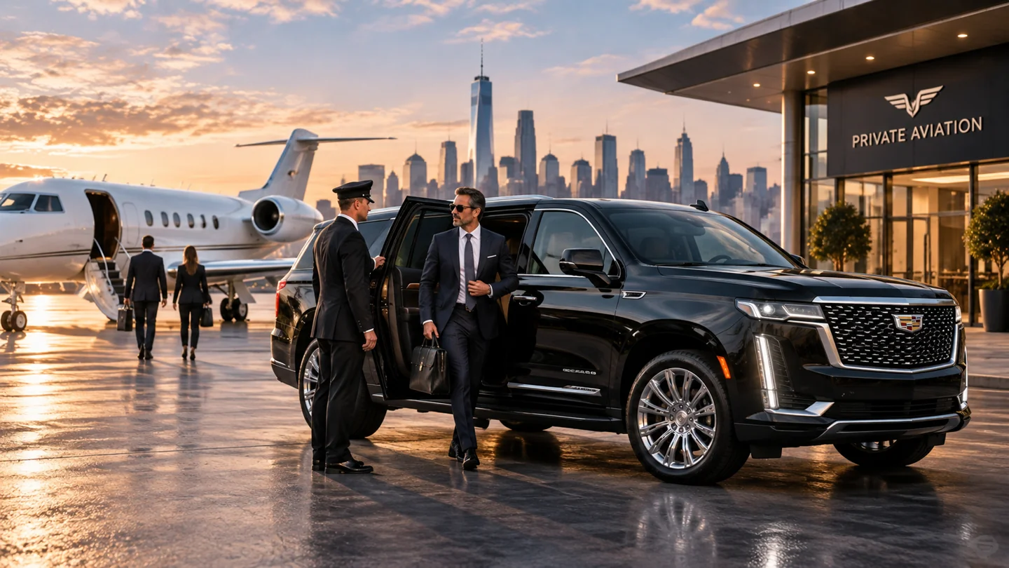 Business traveler and chauffeur beside a black SUV near a private aircraft