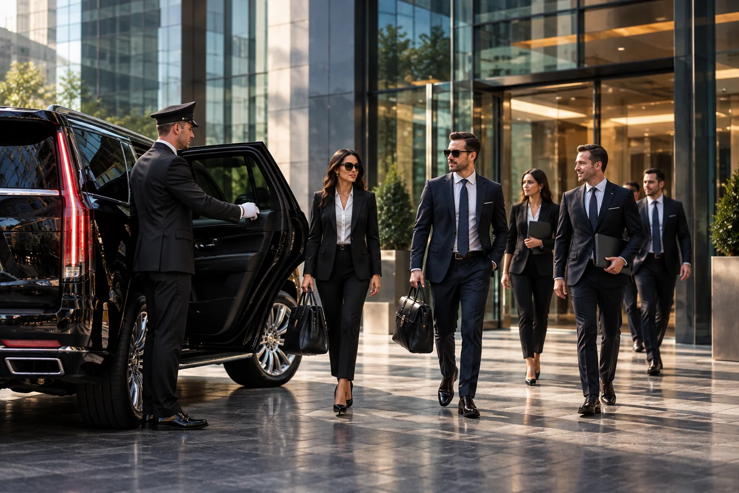 Chauffeur welcoming business travelers beside a black SUV outside an office building