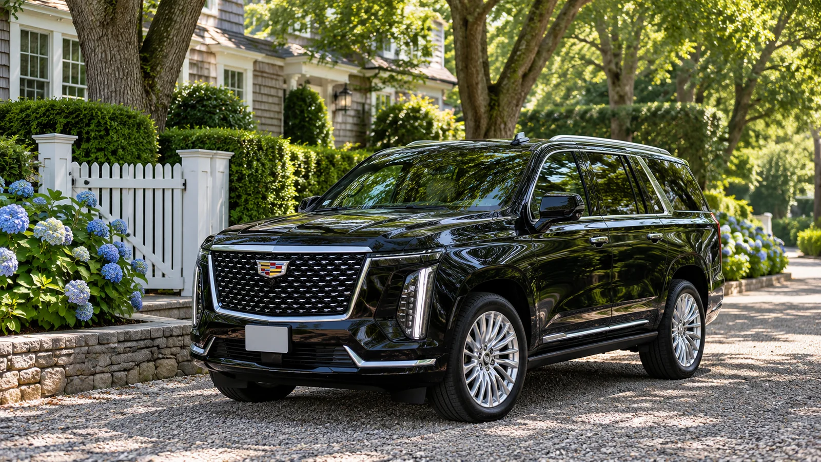 Black Cadillac Escalade on a tree-lined residential driveway beside hydrangeas.