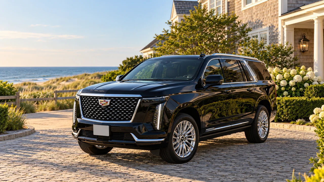 Black Cadillac Escalade on a cobblestone driveway beside a coastal estate.
