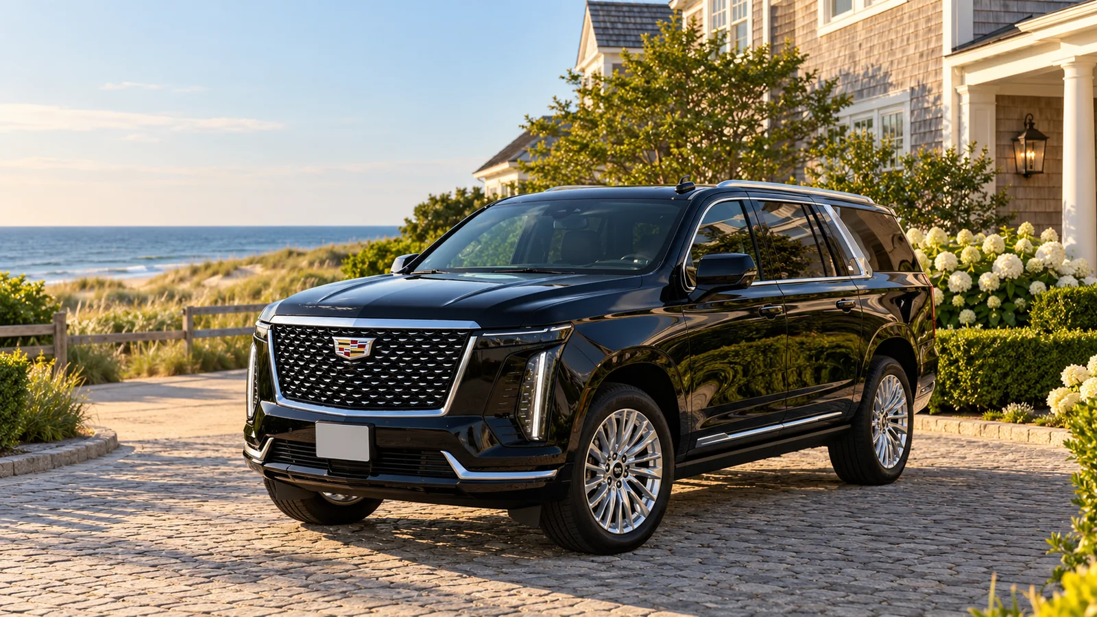Black Cadillac Escalade on a cobblestone driveway beside a coastal estate.