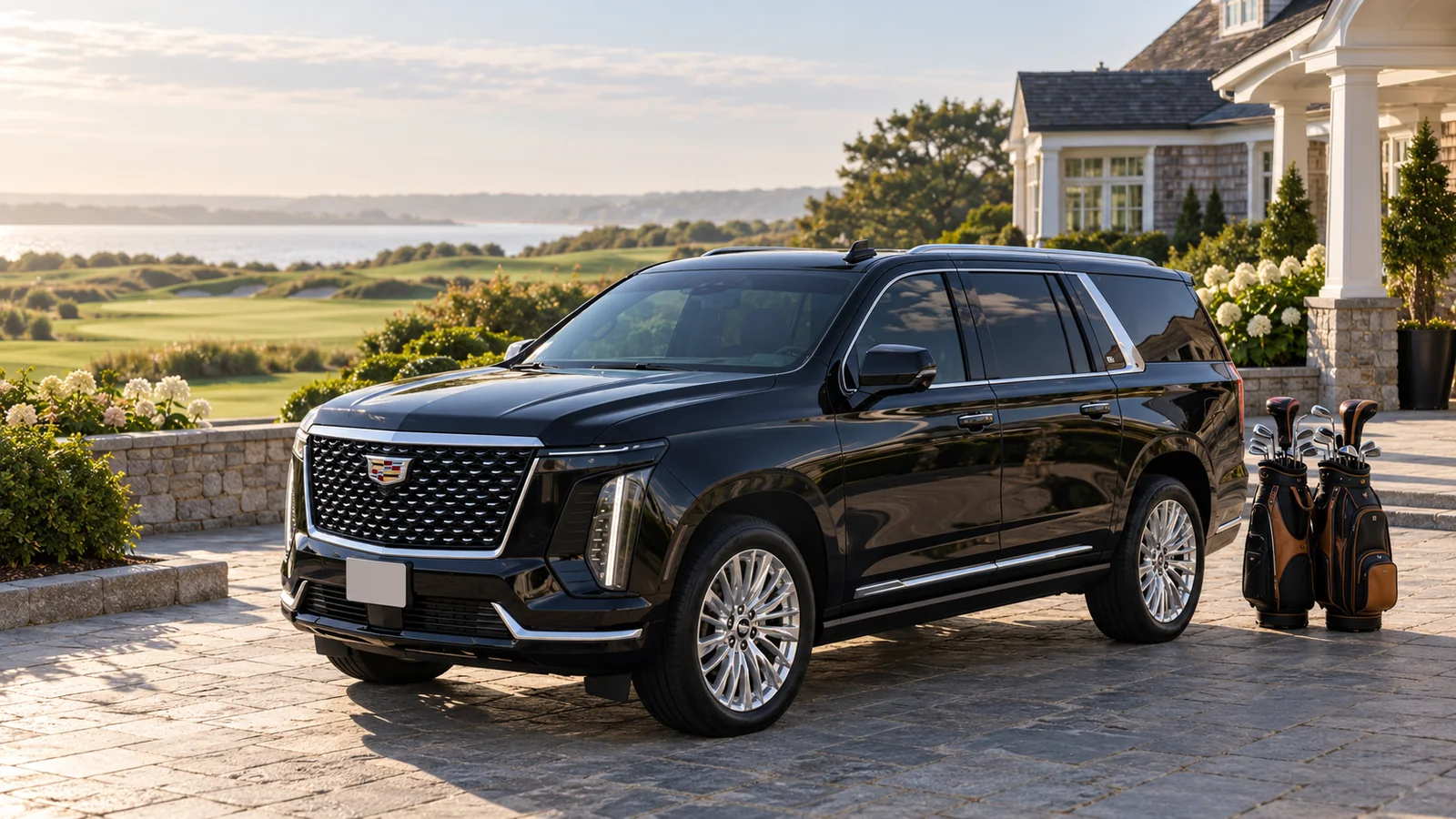 Black Cadillac Escalade beside golf bags overlooking a golf course.