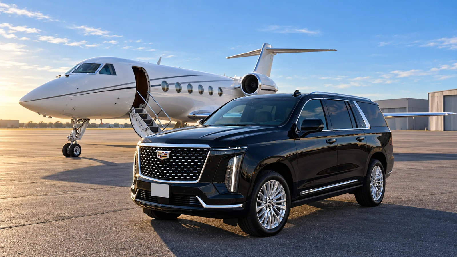 Black Cadillac Escalade beside a private jet on an airport apron in early morning light.