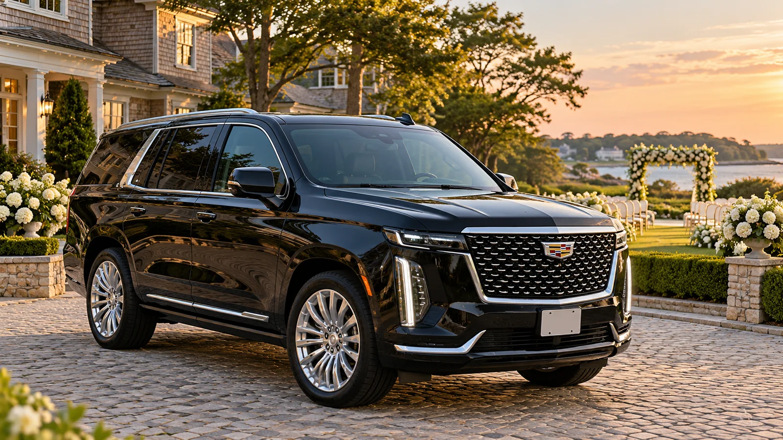 Black Cadillac Escalade beside an outdoor waterfront wedding ceremony setting.