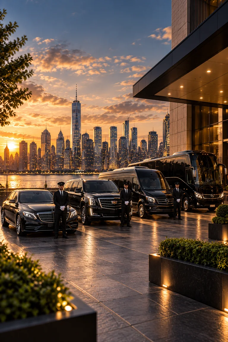 Illustration of chauffeurs and luxury vehicles outside a building beside the New York skyline at sunset