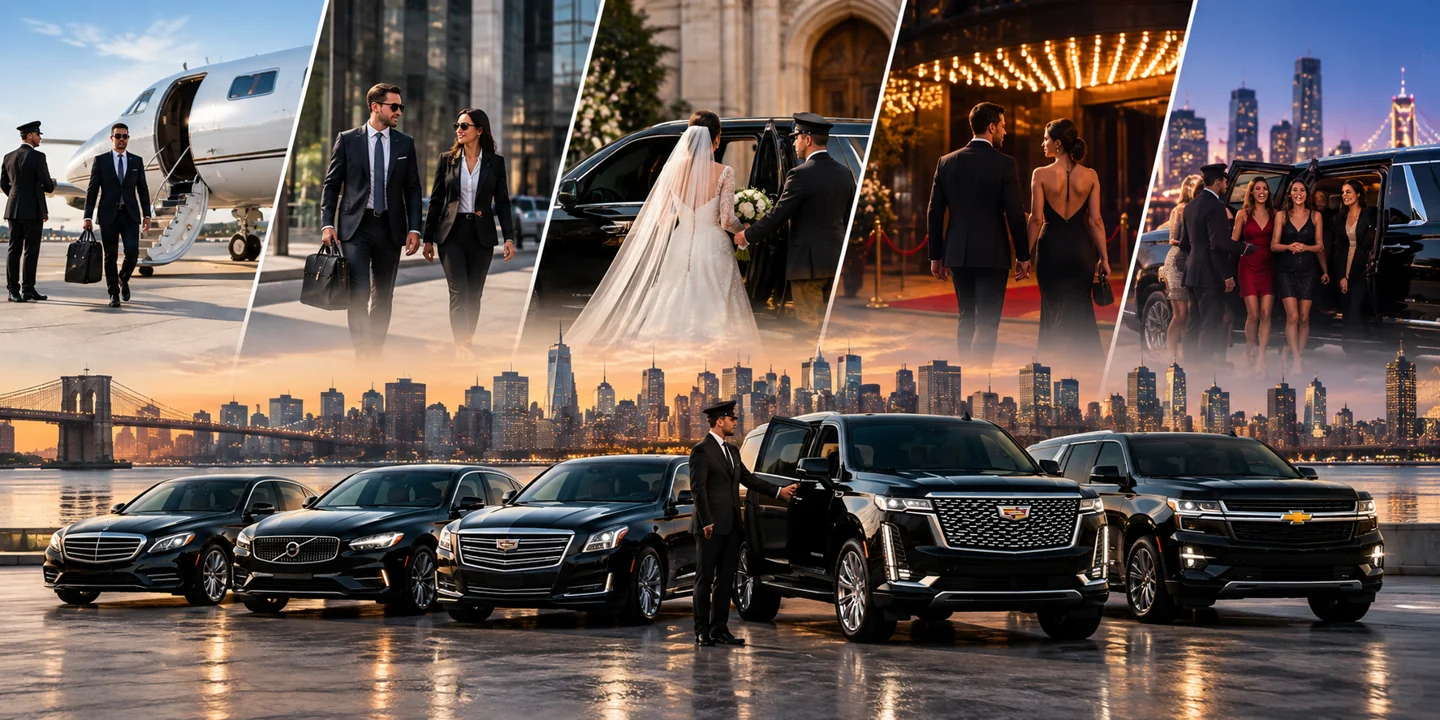 Illustration of airport transfers, business travel, weddings and evening events with chauffeur vehicles