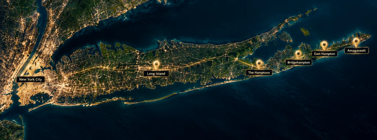 Illustrated map of New York City, Long Island and the Hamptons, with labels for Bridgehampton, East Hampton and Amagansett