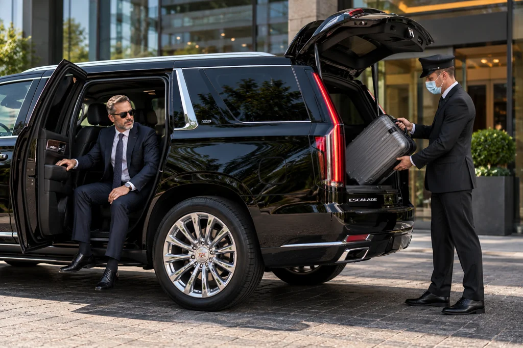 A driver loading luggage as a passenger enters a sedan at an airport