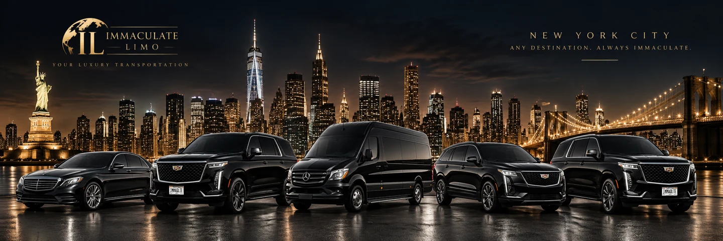 Illustrated Immaculate Limo fleet with sedans, SUVs and a Mercedes-Benz Sprinter against the New York skyline