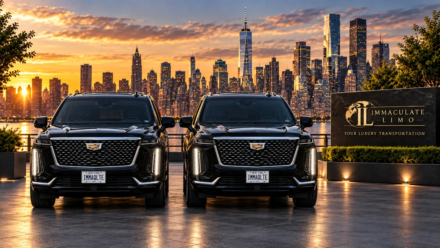 Two black Cadillac SUVs against a sunset New York skyline beside an Immaculate Limo sign