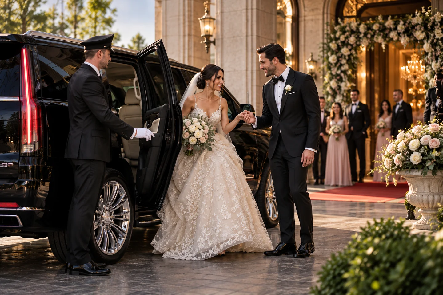Bride and groom beside a chauffeured black SUV at their wedding venue