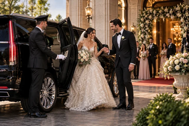 Bride and groom beside a chauffeured black SUV at their wedding venue