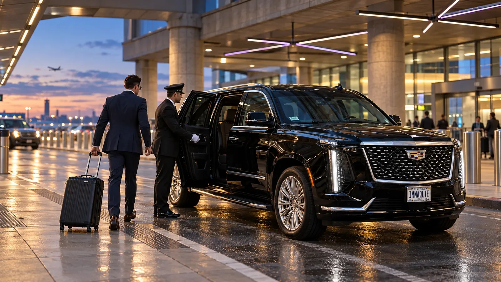 Chauffeur opening a black Cadillac Escalade door for a traveller with luggage at an illuminated airport pickup area at dusk.