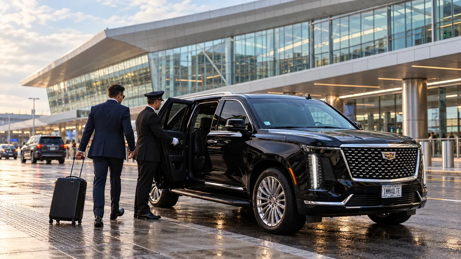 Chauffeur welcoming a traveller with luggage beside a black Cadillac Escalade outside a glass airport terminal.