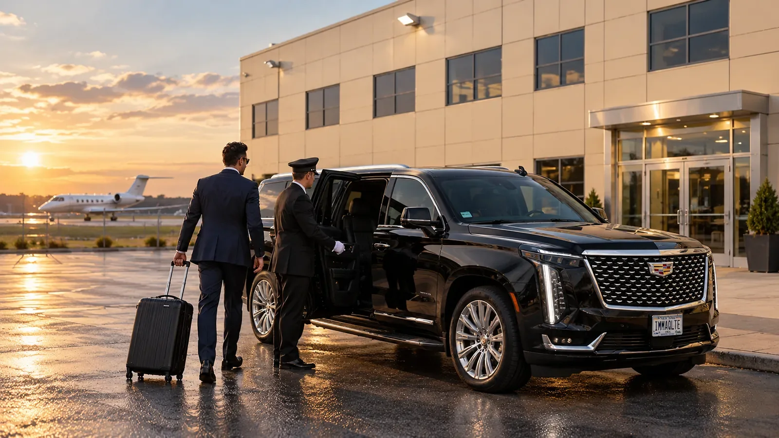 Chauffeur welcoming a traveller beside a black Cadillac Escalade outside a private aviation building with a jet in the background.