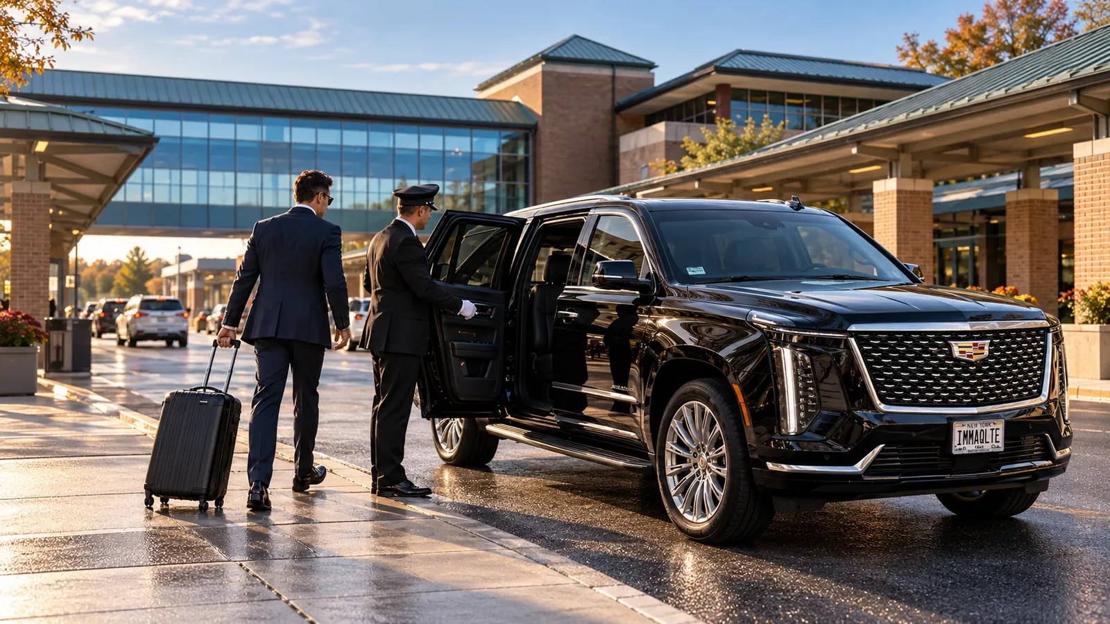 Chauffeur holding open an Escalade door for a traveller with luggage outside a green-roofed airport terminal.