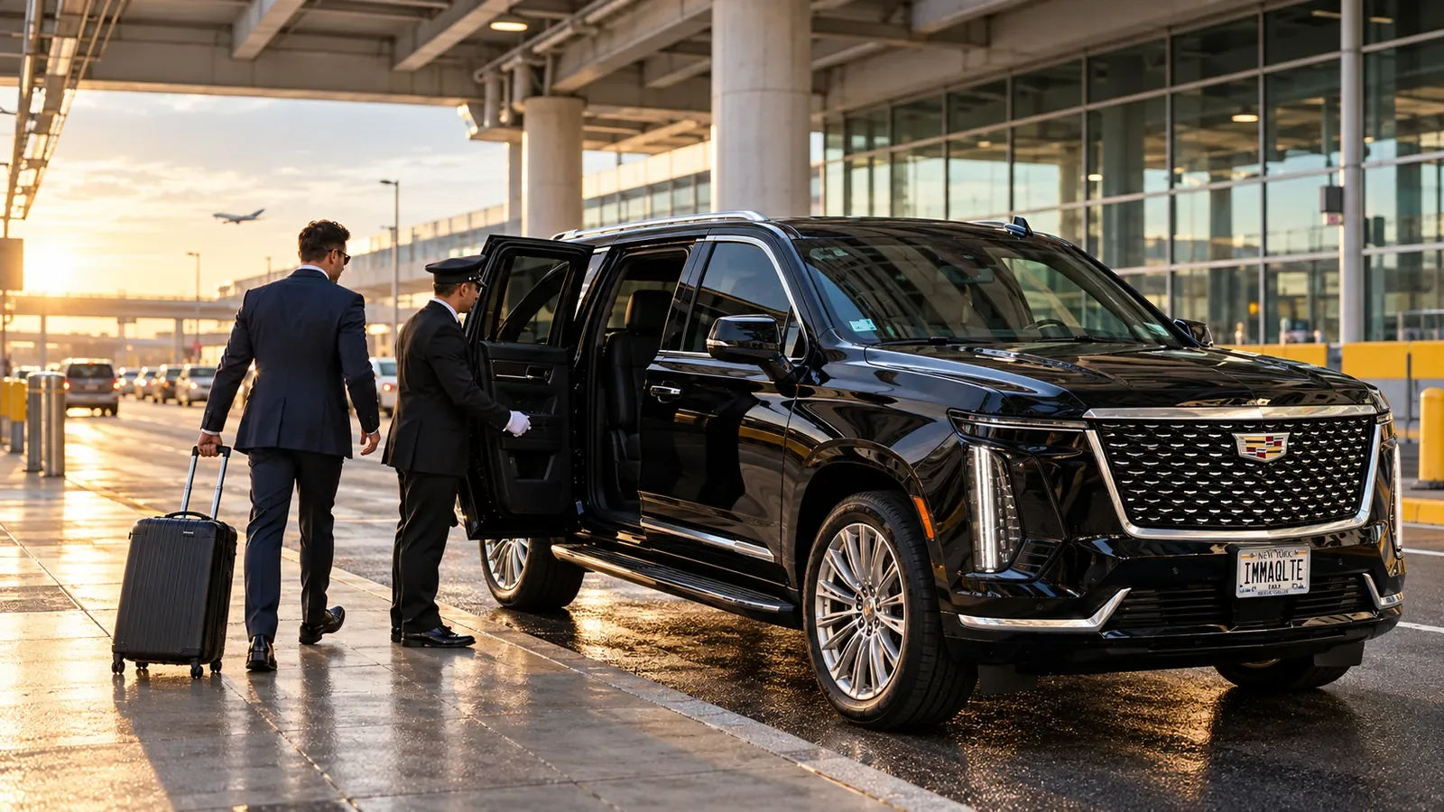 Chauffeur holding open a black Cadillac Escalade door for a traveller with a suitcase at an airport curb.
